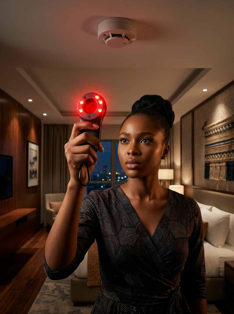 Woman using the spy detector in a hotel room